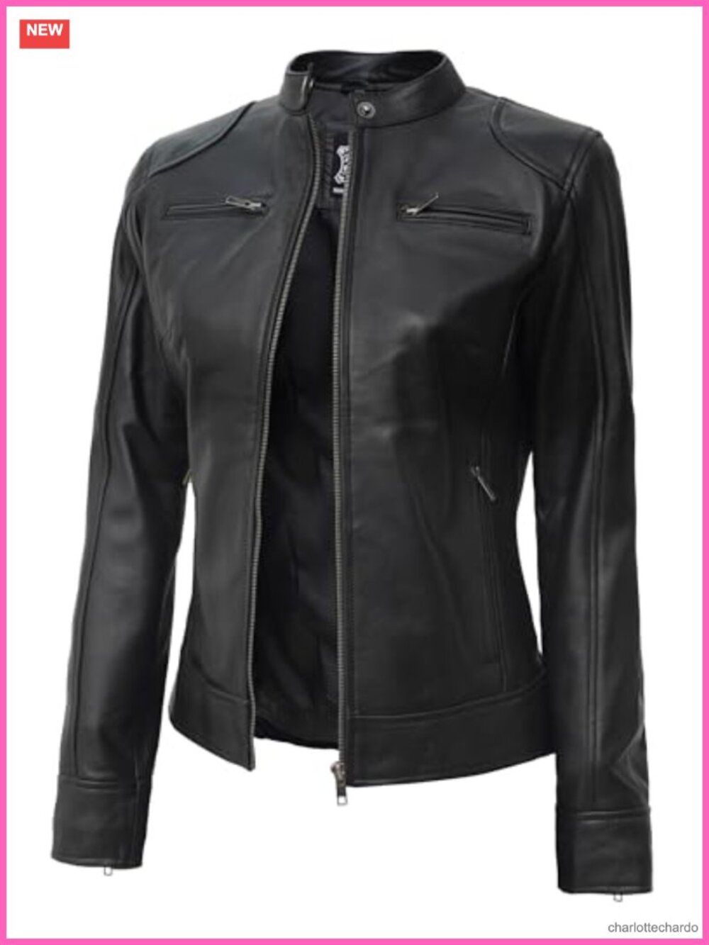 Women's Lambskin Leather Jacket Cafe Racer Quilted Zip Snap-Tab Collar
